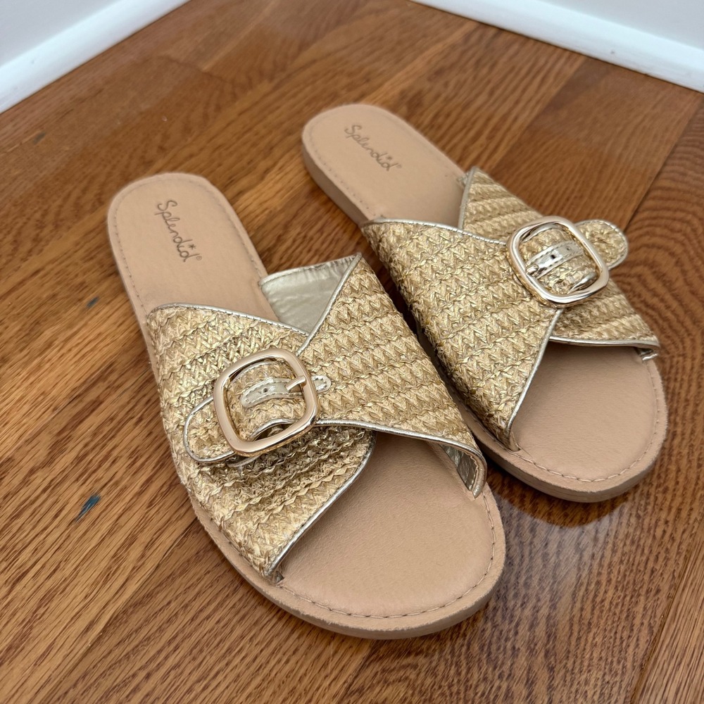 Splendid Sandy Gold Metallic Woven Buckle Slide Sandals SD5SAN70 Womens 9.5M‎